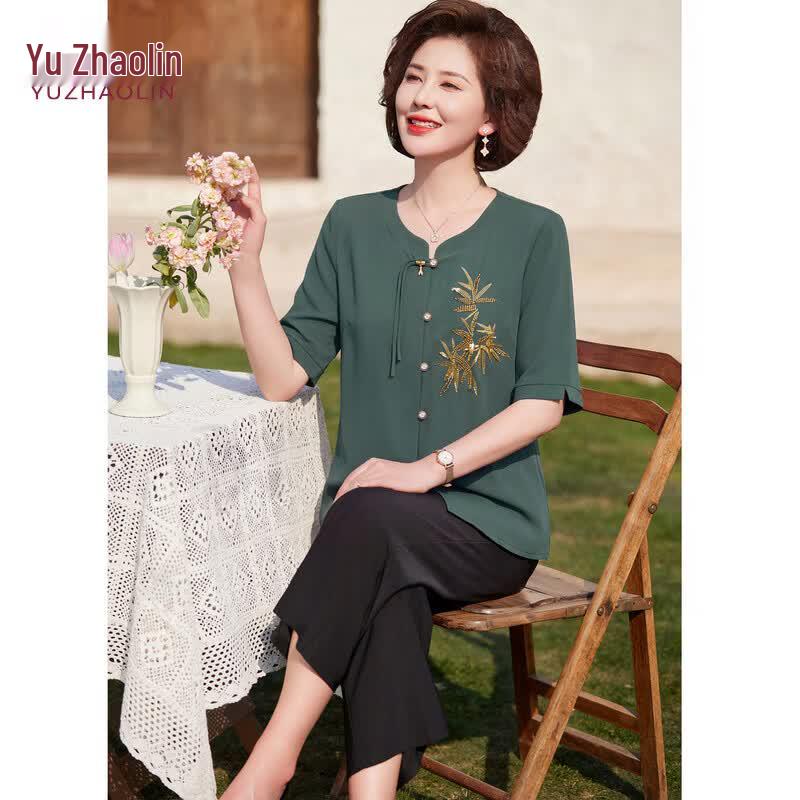 YUZHAOLIN Women's Chiffon Seven-Sleeve Summer Blouse