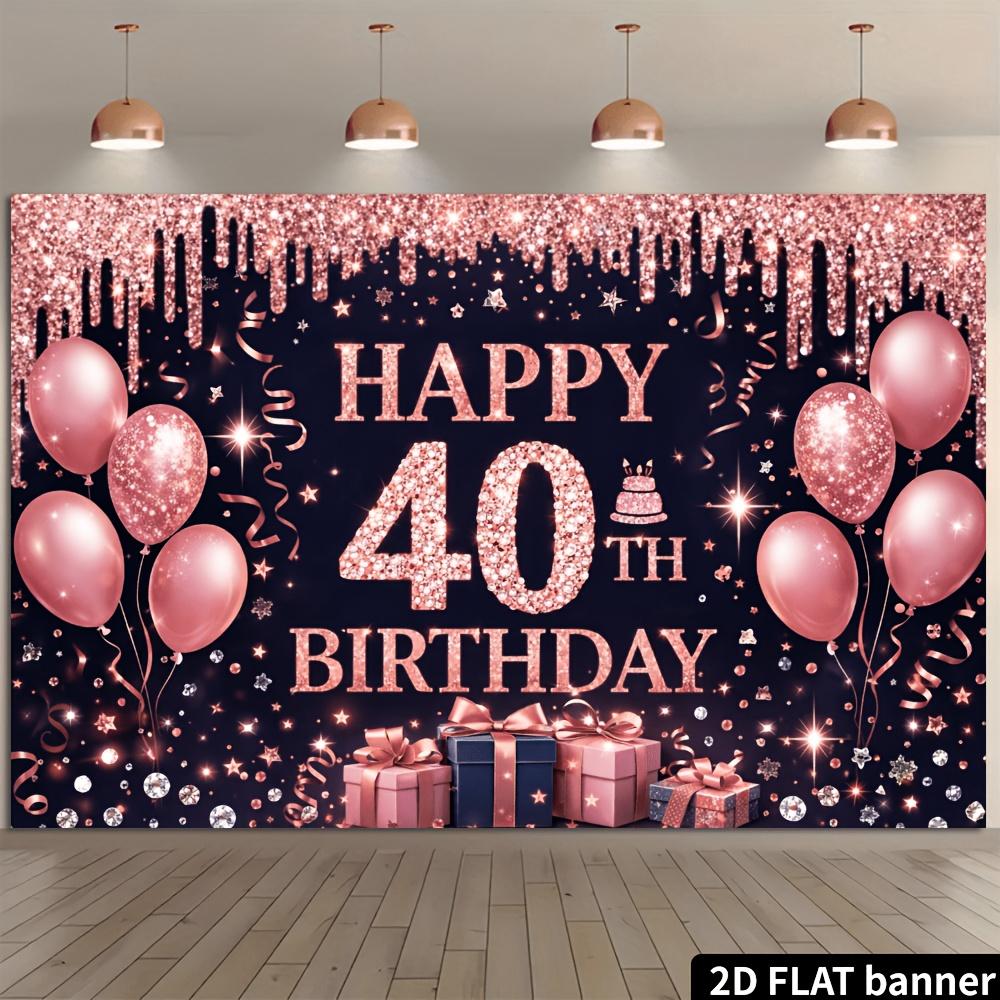 2D Flaches Banner - Hintergrundstoff für die 40. Geburtstagsparty - Schwarzer Hintergrund mit rosa-goldenem Glitzer und goldenem Glanz-Thema