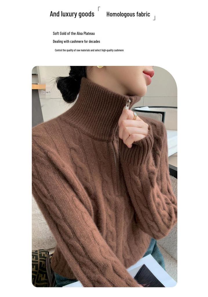 Women's Cashmere Sweater: 2026 Full Cable Knit, Solid Color, Long Sleeve, Half Zip Pullover for Autumn/Winter.