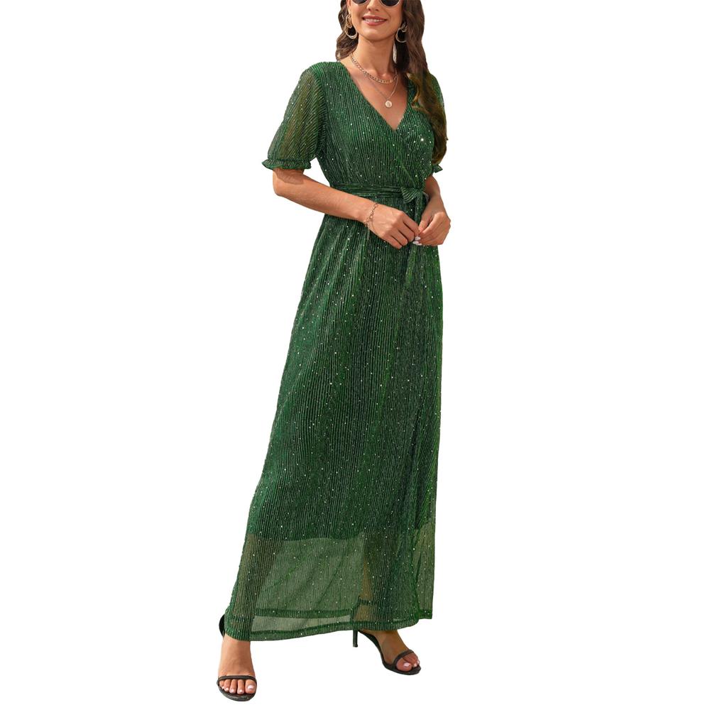 Women V Neck Wrap Maxi Dress Waist Belted Side Slit Pure Color Gold Stamping Short Sleeves Dress