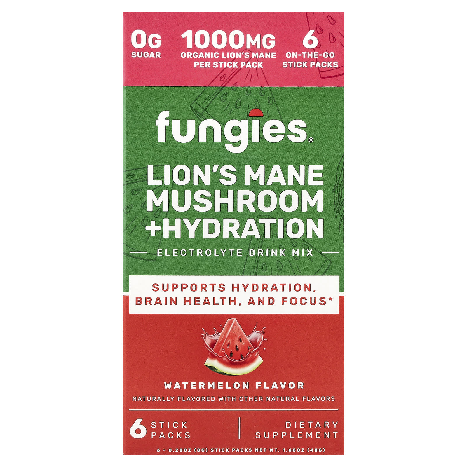 

Fungies, Reishi Mushroom + Hydration, Electrolyte Drink Mix, Watermelon, 6 Stick Packs, 8g (0.28oz) Each