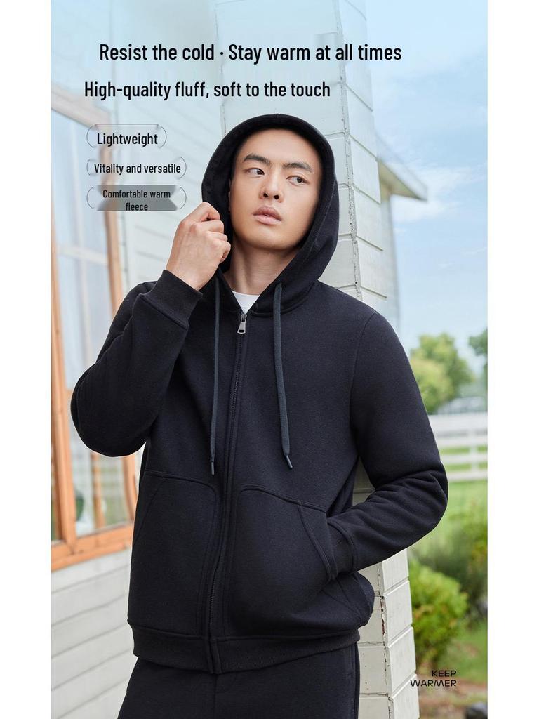 Men's Casual Solid Color Fleece Lined Hooded Sweatshirt - Warm, Versatile Loose Fit with Drawstring and Zipper.