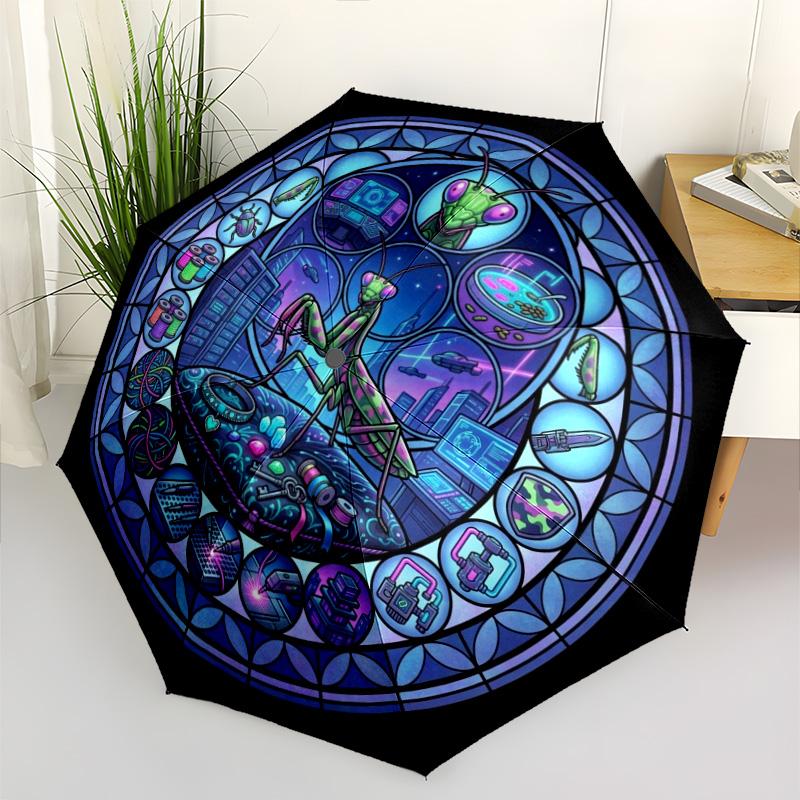 Cybernetic Mantis Workshop pattern umbrella, portable and foldable design, 8 ribs, a casual accessory for Halloween, Christmas, and birthday gifts.