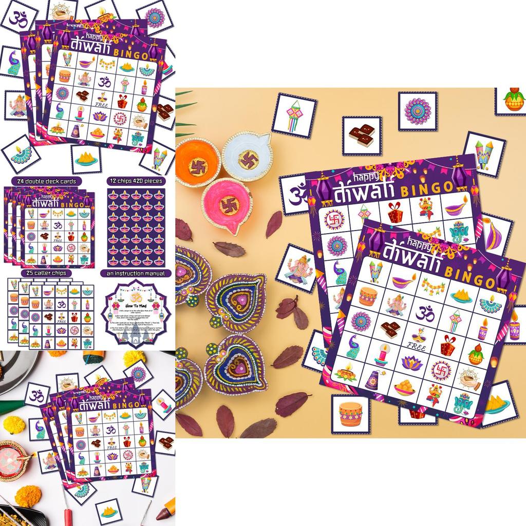Indian Diwali Theme Bingo Game Pack With Paper Cards For Party Activities And Kids