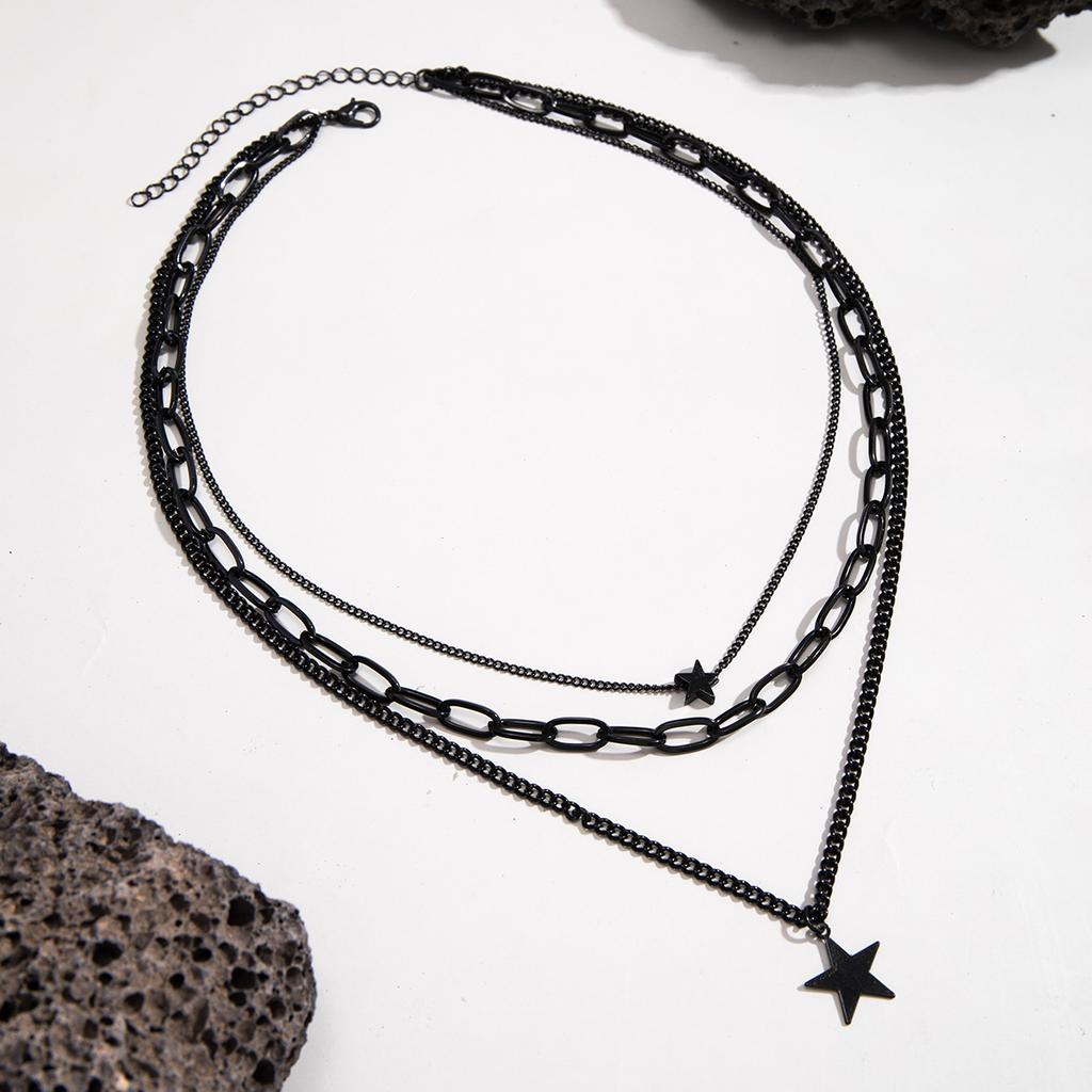 PuRui Hip Hop Black Star Geometric Pendant Necklace for Men Multilayer Black Link Chain Choker Collar Rock Zircon Party