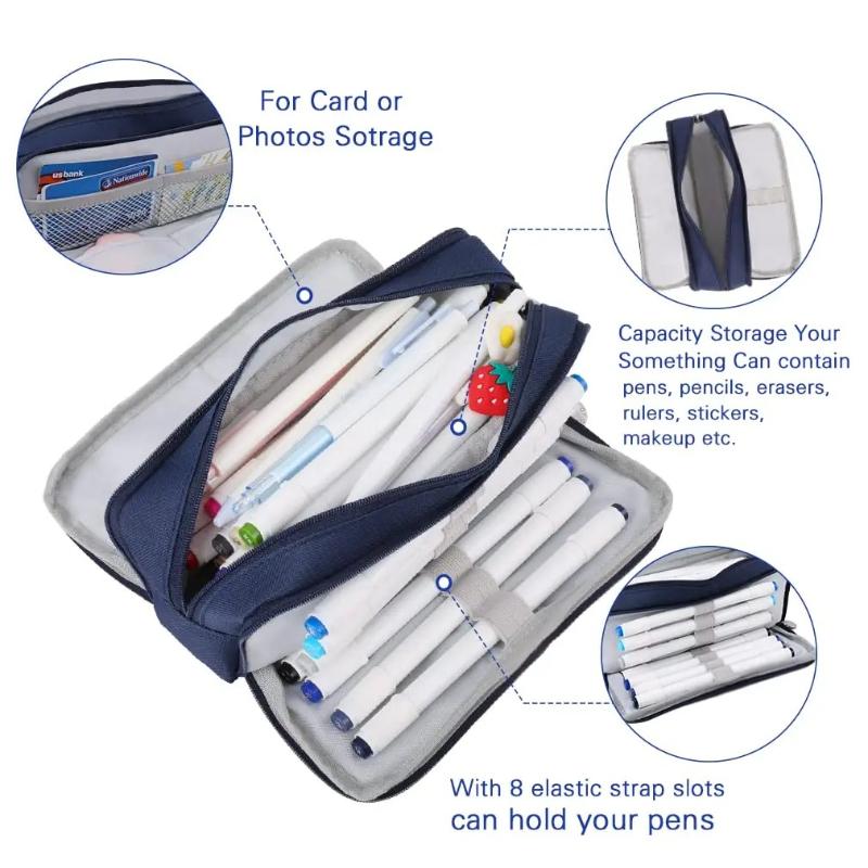 Pencil Case Large Capacity Storage Bag 3 Compartment Pouch Double Side Opened Student Stationery Box Desk Organizer Stain Resistant Stationery Bags