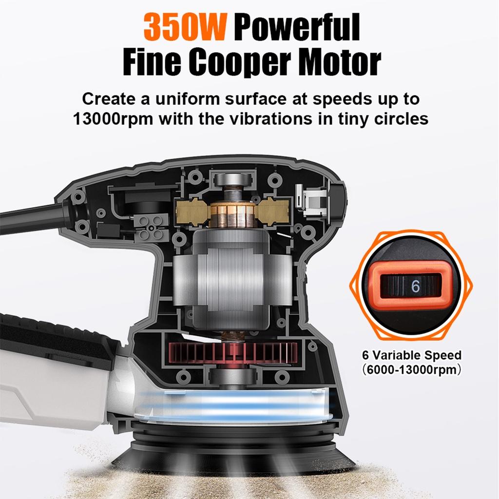 350W Round Random Orbits Sander Electric Wood Grinder Polishing Machine with 20pcs 125mm Sandpaper Dust Collection
