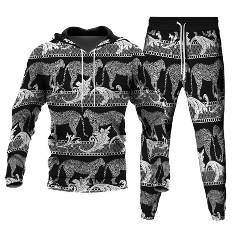 Men's 2 Piece Sets Oversized Hoodies Long Pants Fashion Tracksuit Streetwear 3D Leopard Gold Chain Printed Unisex Clothing S-6XL