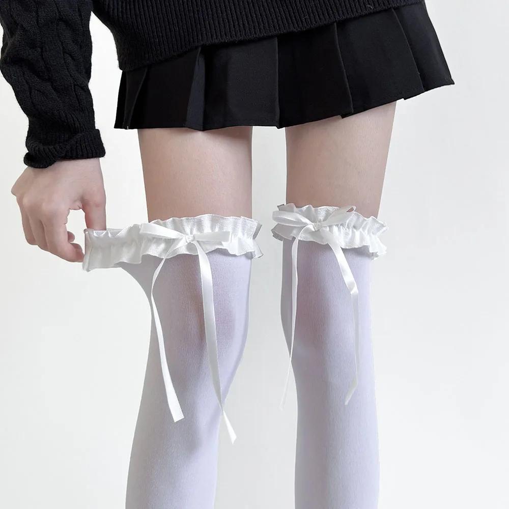 

1 пара женских чулок на весну-лето, милые кружевные чулки до бедра с бантиком, японский стиль, для девочек-лолит, каваи, высокие носки выше колена One Size белый
