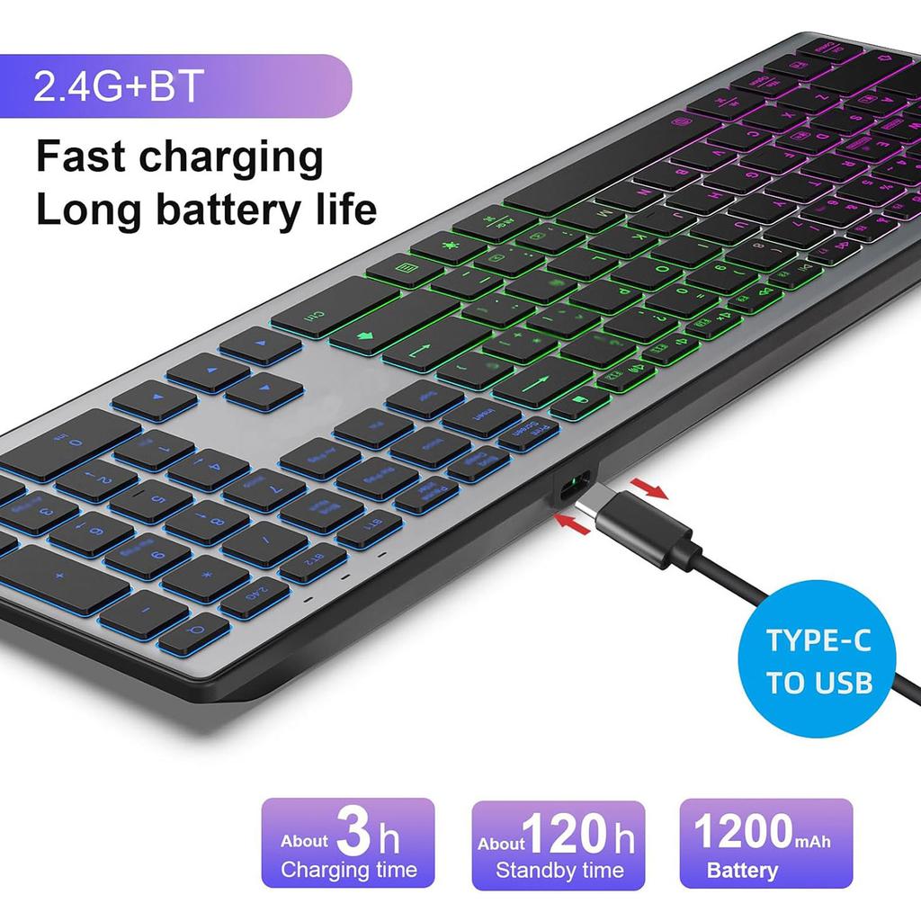 110 Keys Wireless Keyboard RGB Backlit BT Connection with Numpad Rechargeable Design