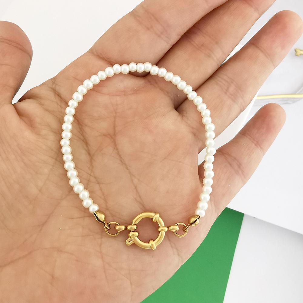 Imitation Pearl Necklace Bracelet Women Choker Stainless Steel Spring Clasp Chain Basic DIY Gold Silver Buckle Waterproof