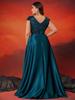 Elegant V-Neck Sequin Evening Gown - Satin A-Line Long Dress for Women