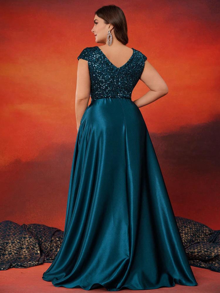 Elegant V-Neck Sequin Evening Gown - Satin A-Line Long Dress for Women