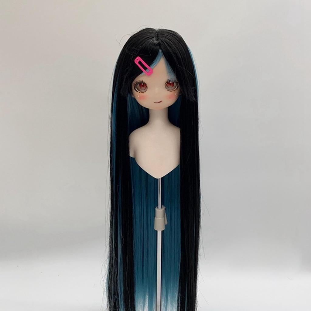 Straight Wig for Dolls, Dual Color High-Temperature Fiber Replacement Wig for 14 Scale Ball-Jointed Dolls (Black Lake Blue)