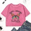Anti Social Butterfly Print Women Washed T Shirts Hip Hop Summer T-Shirt Casual Crewneck Clothes Comfortable Cotton Top