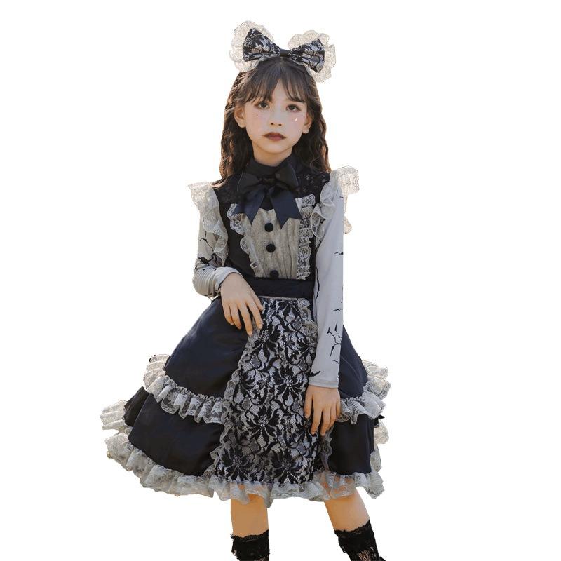 Halloween costume children loli lace dress dark goth witch girls lolita maid