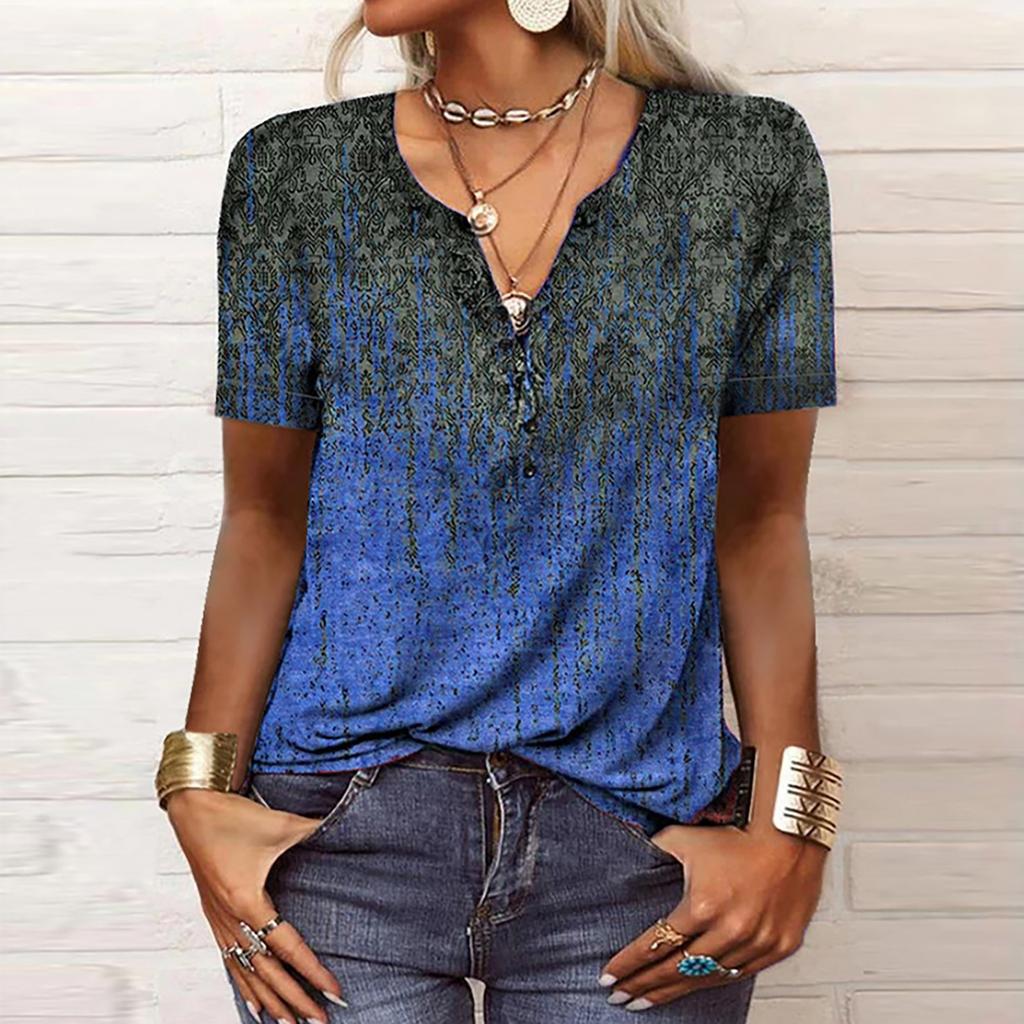 Women's Fashion Casual V-neck Short Seeve Ethnic Printing Button Loose Top