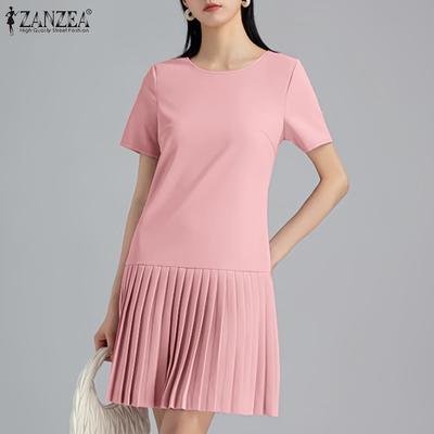 Women Casual Round Neck Short Sleeve Loose Pleated Dress