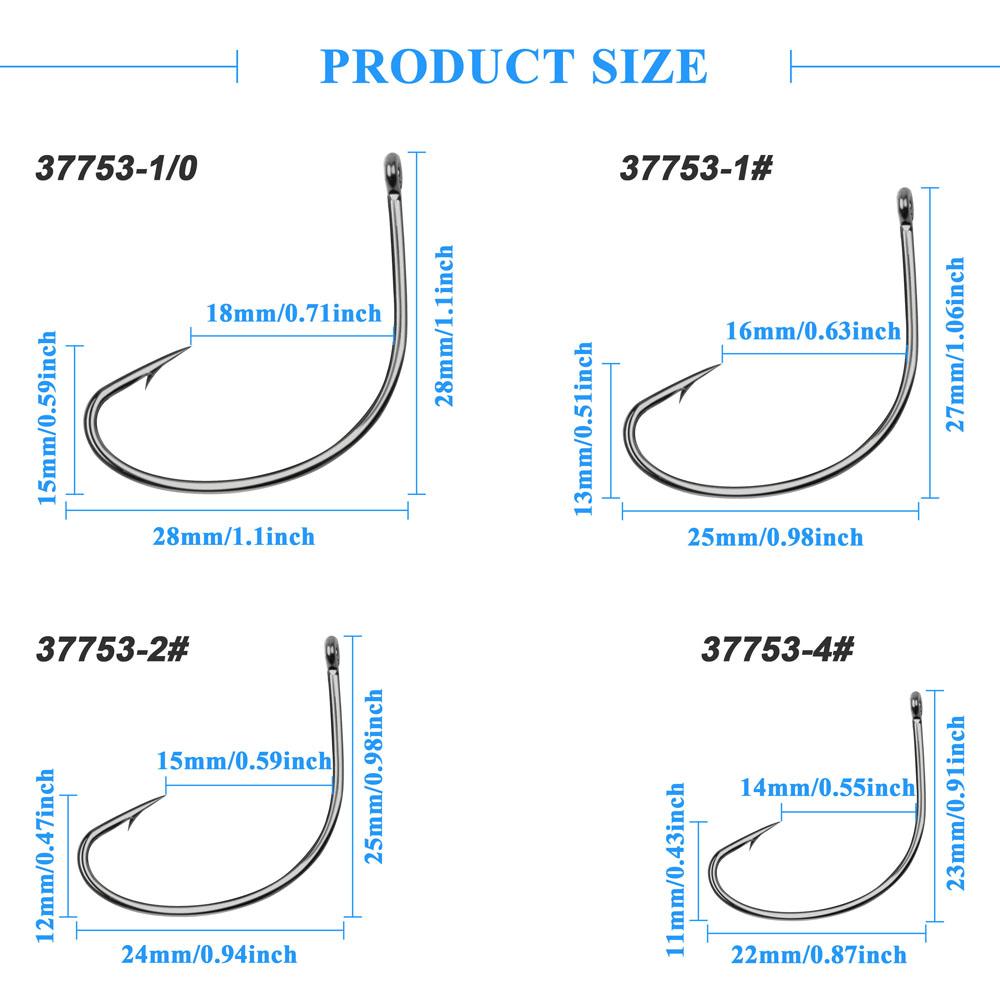 50Pcs 37753 Fishing Hooks High Carbon Steel Wacky Weedless Worm Wide Gap Fishing Hooks For Bass Fishing Size 4# 2# 1# 1/0