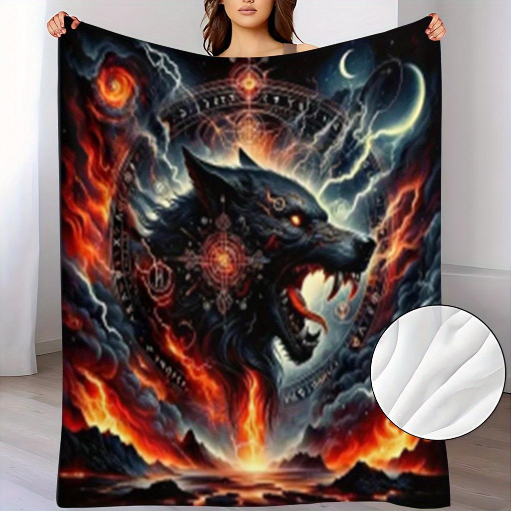 New Arrival: Red Honor Wolf Pattern Flannel Throw Blanket - Soft and Warm, Ideal for Sofa, Home Leisure, Air Conditioning, Napping, Office Bed, and Ca