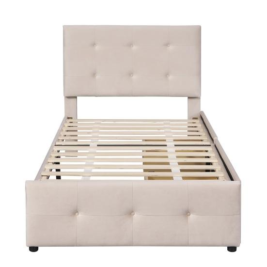 99x210cm Velvet Fabric Kids Bed with Adjustable Headboard 2 Drawers Ergonomic Design Strong Wood Slat Support Bed Home Furniture