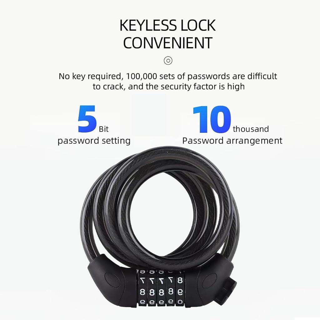 Bike Cable Lock 5 Digit Resettable Waterproof Coiled Security Lock 1.2M Black