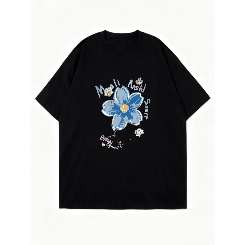 Oversized T Shirt Dress Black Blue Flower And Text Print Casual Streetwear For Women