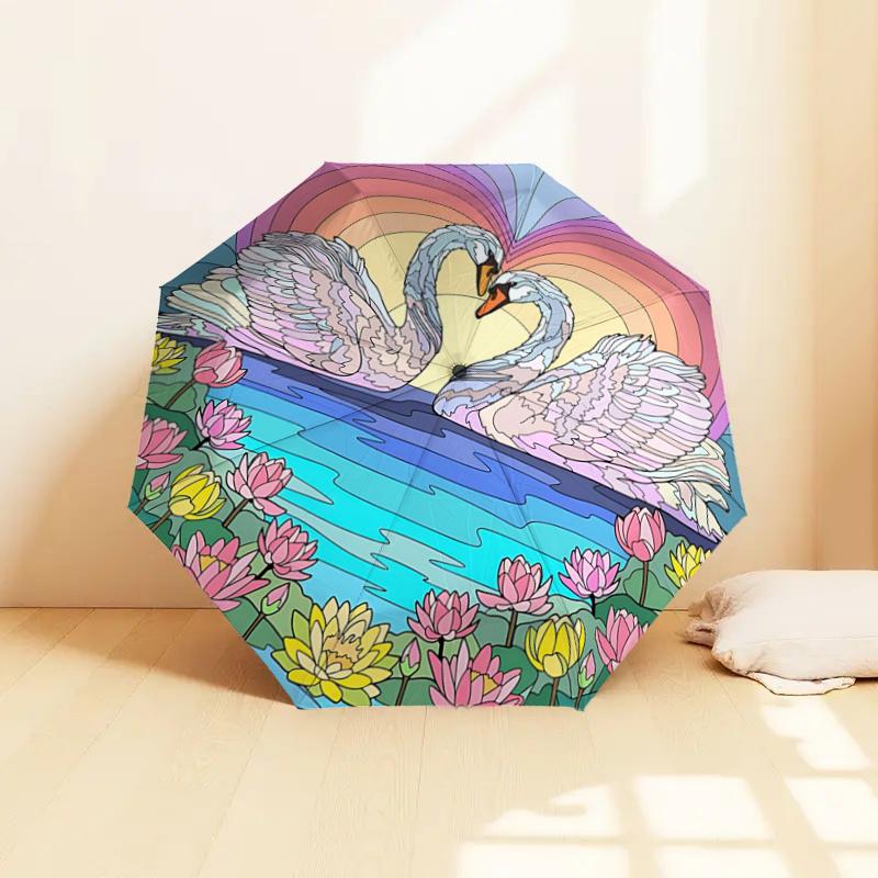 Romantic Swan Sunset Heart Shaped Automatic Opening/Closing Umbrella with Lotus Flowers Portable Folding Design,8 Bone Iron Frame Outdoor