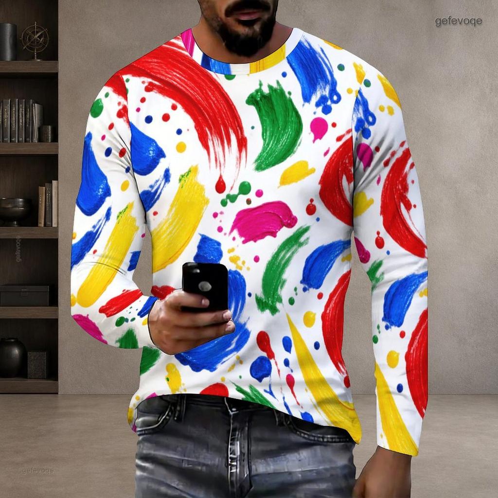 Men Plus Size Round Neck Long Sleeve Printed White T Shirt Casual Pullover