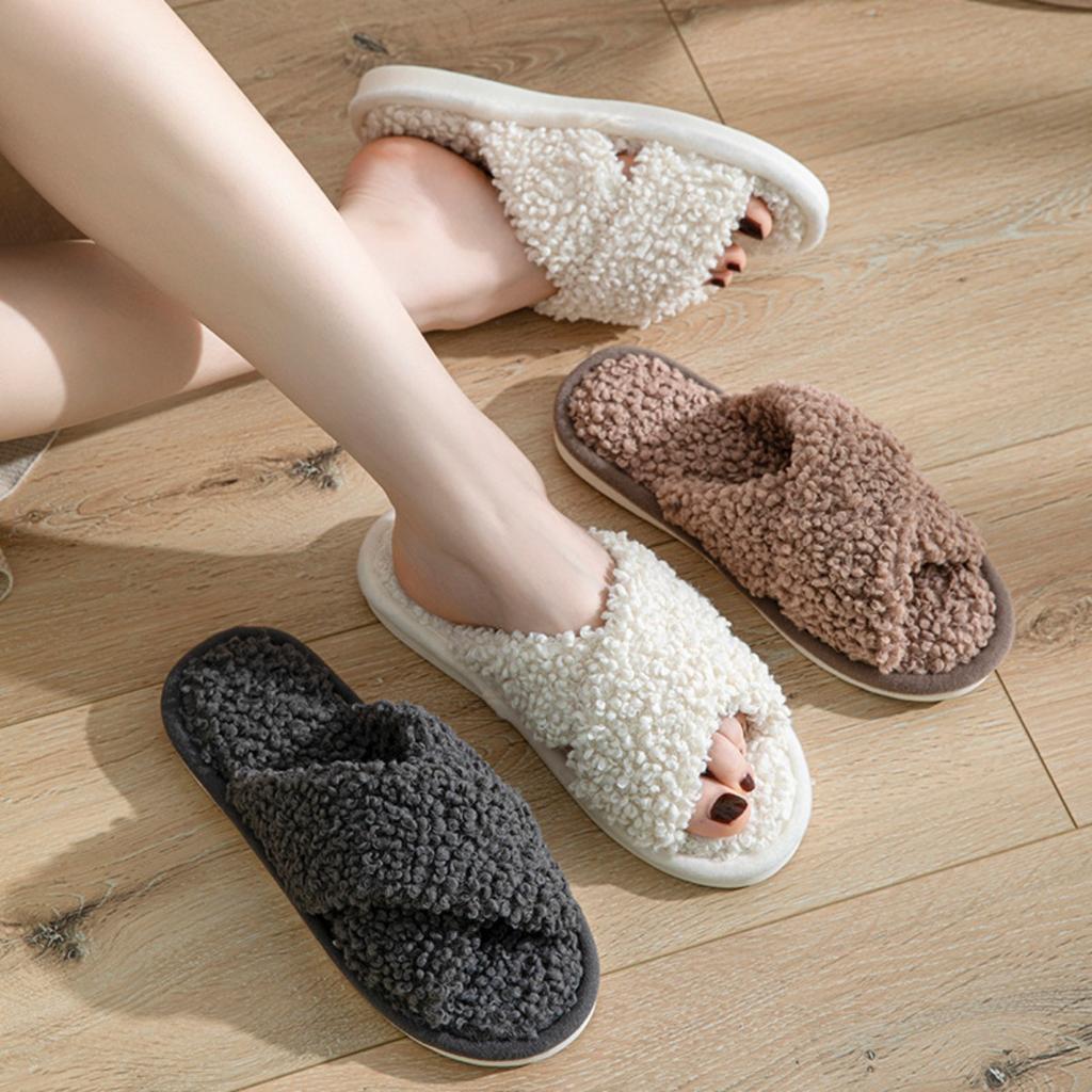 Plüschschuhe, Überkreuzriemen, Baumwollpantoffeln, Damenschuhe, Hausschuhe, Plüsch-Baumwollpantoffeln