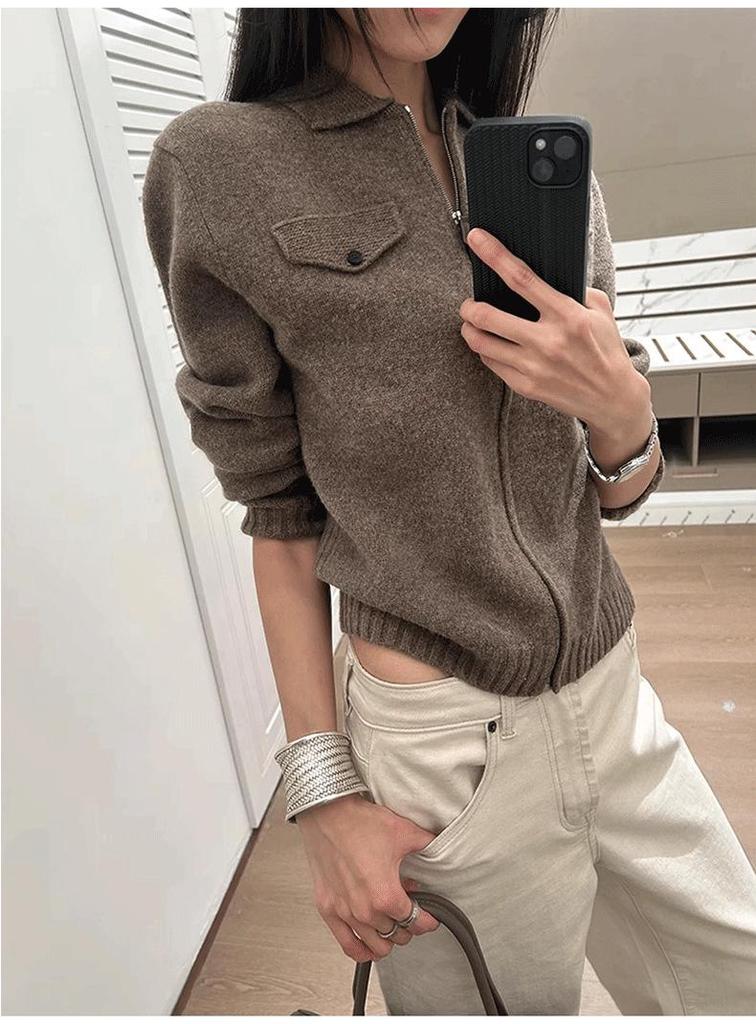 LP25 Autumn/Winter Cashmere Wool Faux Jacket with Zipper, Lapel, and Pockets - Maillard Style Sweater for Women