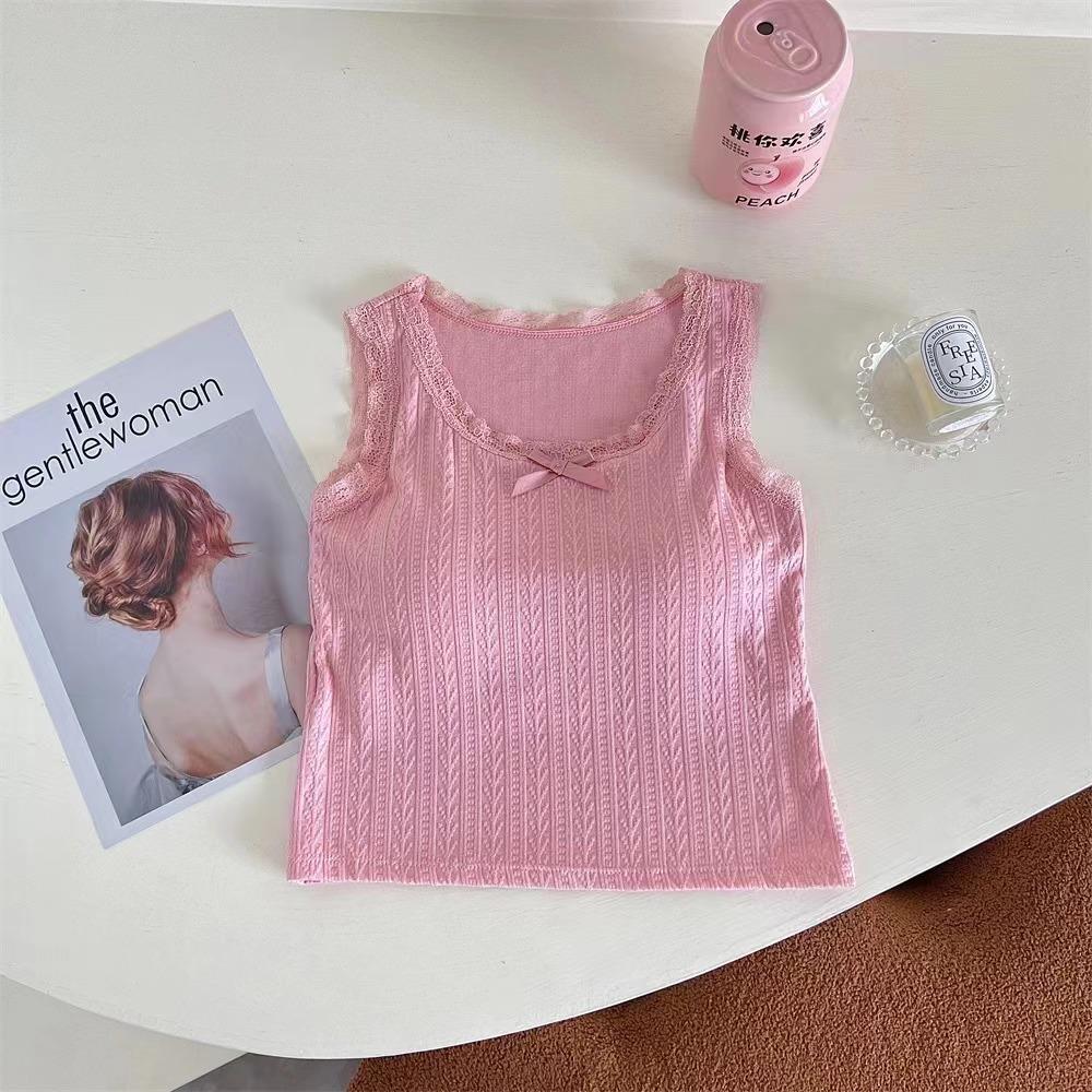 

Жаккардовая майка из искусственного шелка с вшитым бантом на бюстгальтере, облегающий дизайн one size розовый