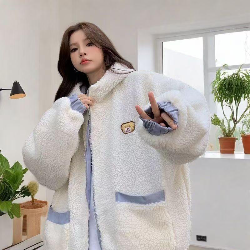 Winter Blue Reversible Cotton Jacket for Women Thick Fleece Lined Cozy Sheep Fur Coat