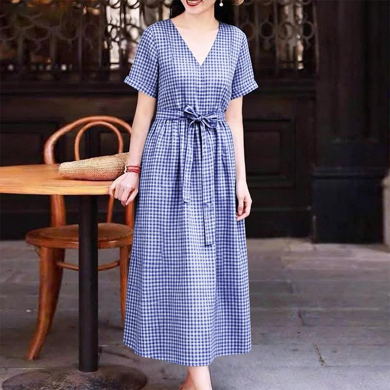 ZANZEA Women Casual V-Neck Short Sleeve Loose Grid Print Dress S синий