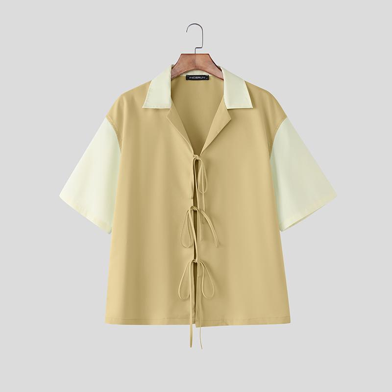 

INCERUN Мужские рубашки оверсайз с лацканами, короткими рукавами, кружевной шнуровкой, повседневные, свободного кроя 5XL хаки