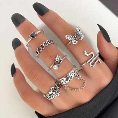 Moda Aşk Kelebek Zincir Yılan Yüzük 7 Parça Aşk Deluxe Moda Zarif Eşkenar Dörtgen Vintage Oyma Sevimli Kedi Yüzük Charm Yüzük Seti