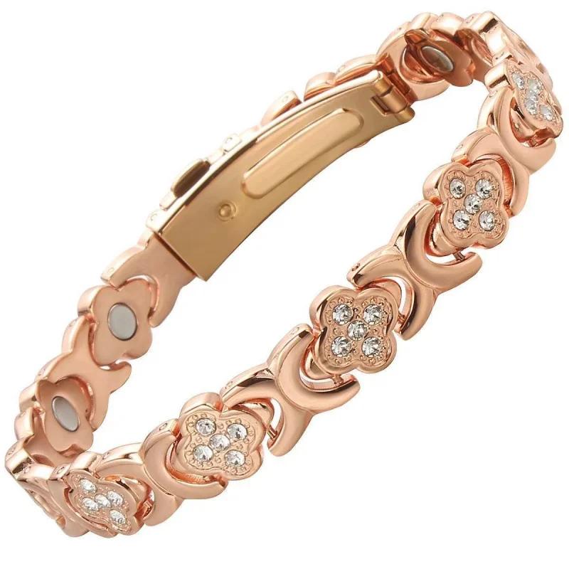 Four-leaf Clover Red Copper Strap Buckle Rose Gold Color Men and Women Bracelet Magnet Jewelry