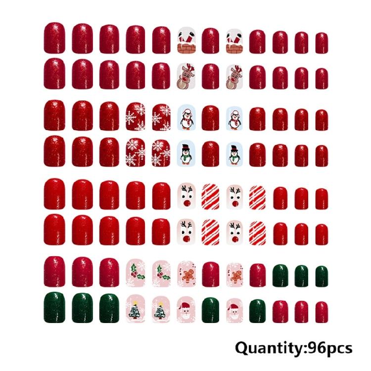 96Pieces Glitters Press On Nail Red Green Sparkles Snowflake Design Comfortable Fit Daily