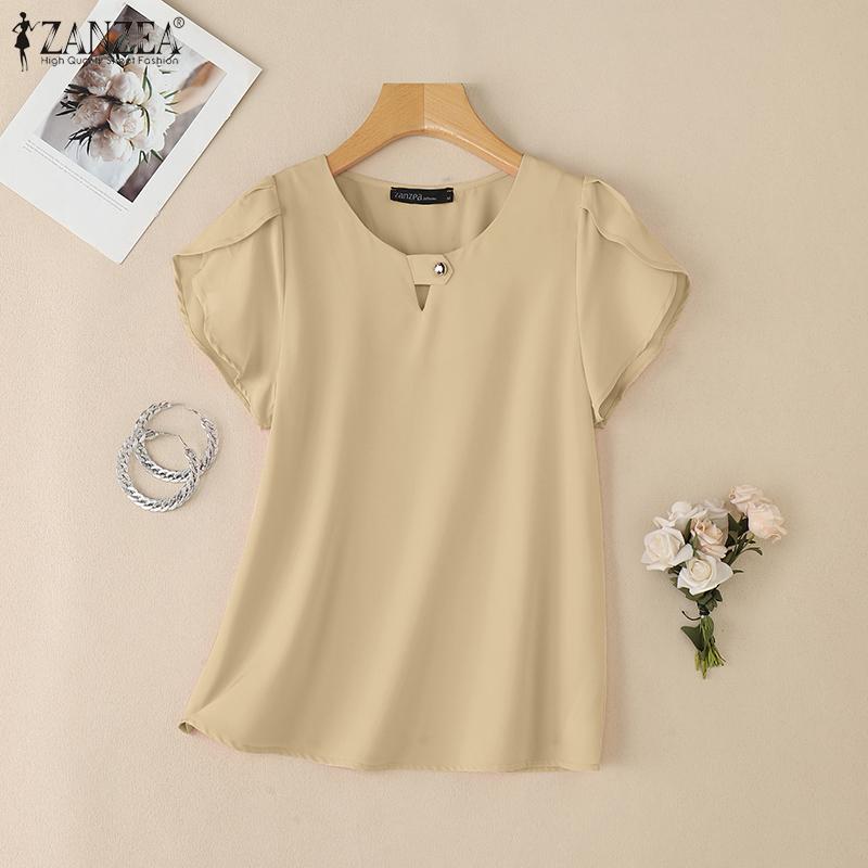 ZANZEA Women Casual Round Neck Solid Color Summer Short Sleeve Blouse