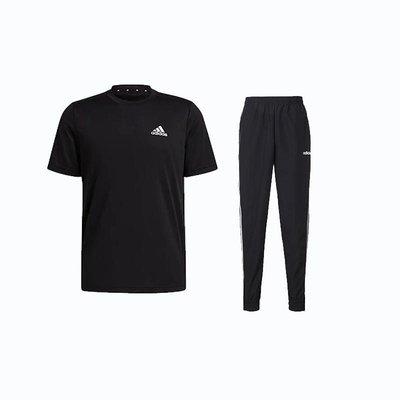 

Футболка Adidas с однотонным логотипом, быстросохнущая, с круглым вырезом, коротким рукавом, тремя полосками по бокам, свободные длинные брюки в стиле ретро с манжетами, повседневный спортивный костюм GM2090+-DZ8488 M