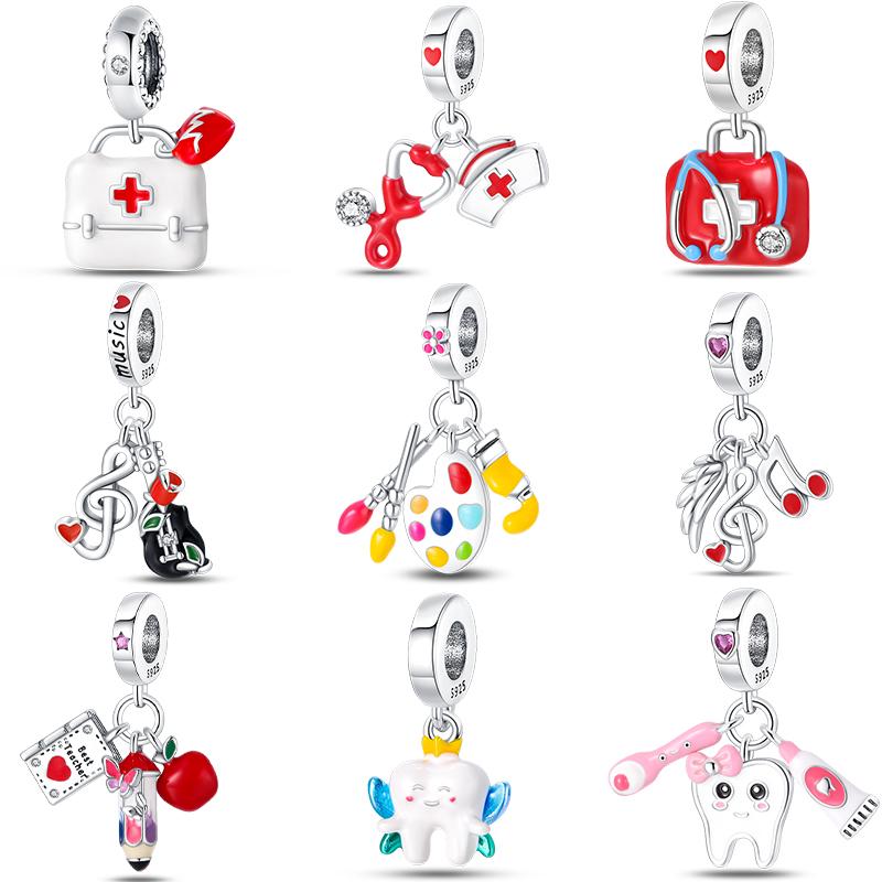 S925 Silver Doctor Teacher Musician Painter Occupation Series Charms Beads Fit Pan Bracelets DIY Fine Jewelry