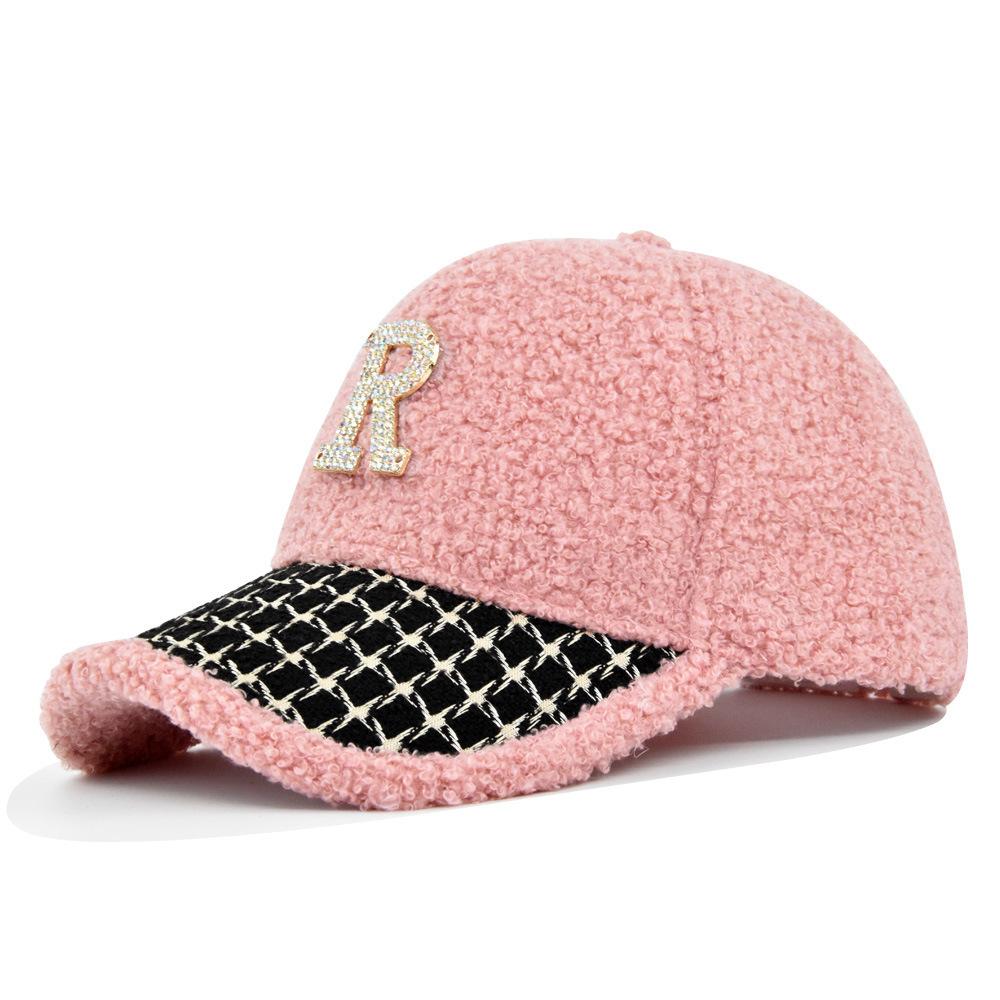 Lambskin r baseball cap r point diamond peaked cap teddy velvet sunshade curved brim hat winter hat guangdong
