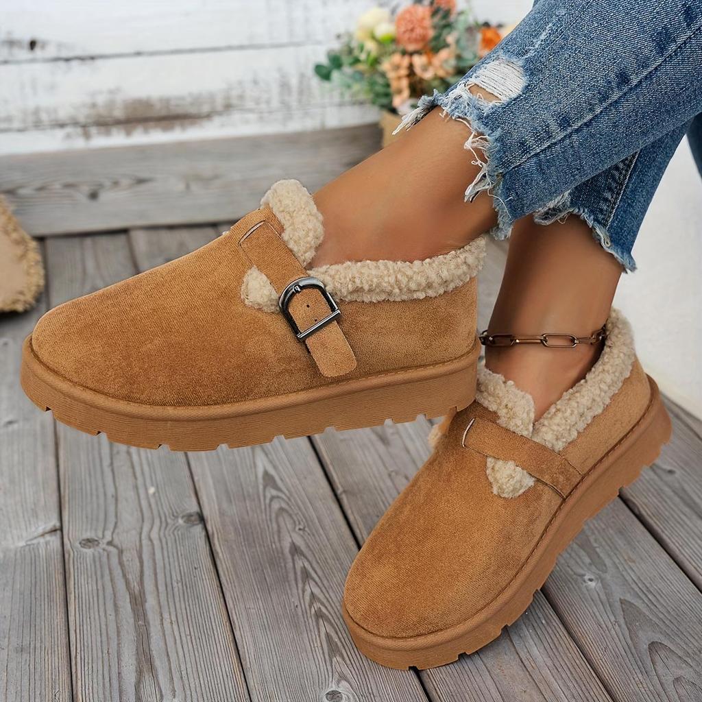 Cozy Fleece-Lined Ankle Boots - Women's Casual Mid Heel Platform Shoes - Round Toe Fabric Upper, Rubber Sole for Winter Warmth with Buckle Closure