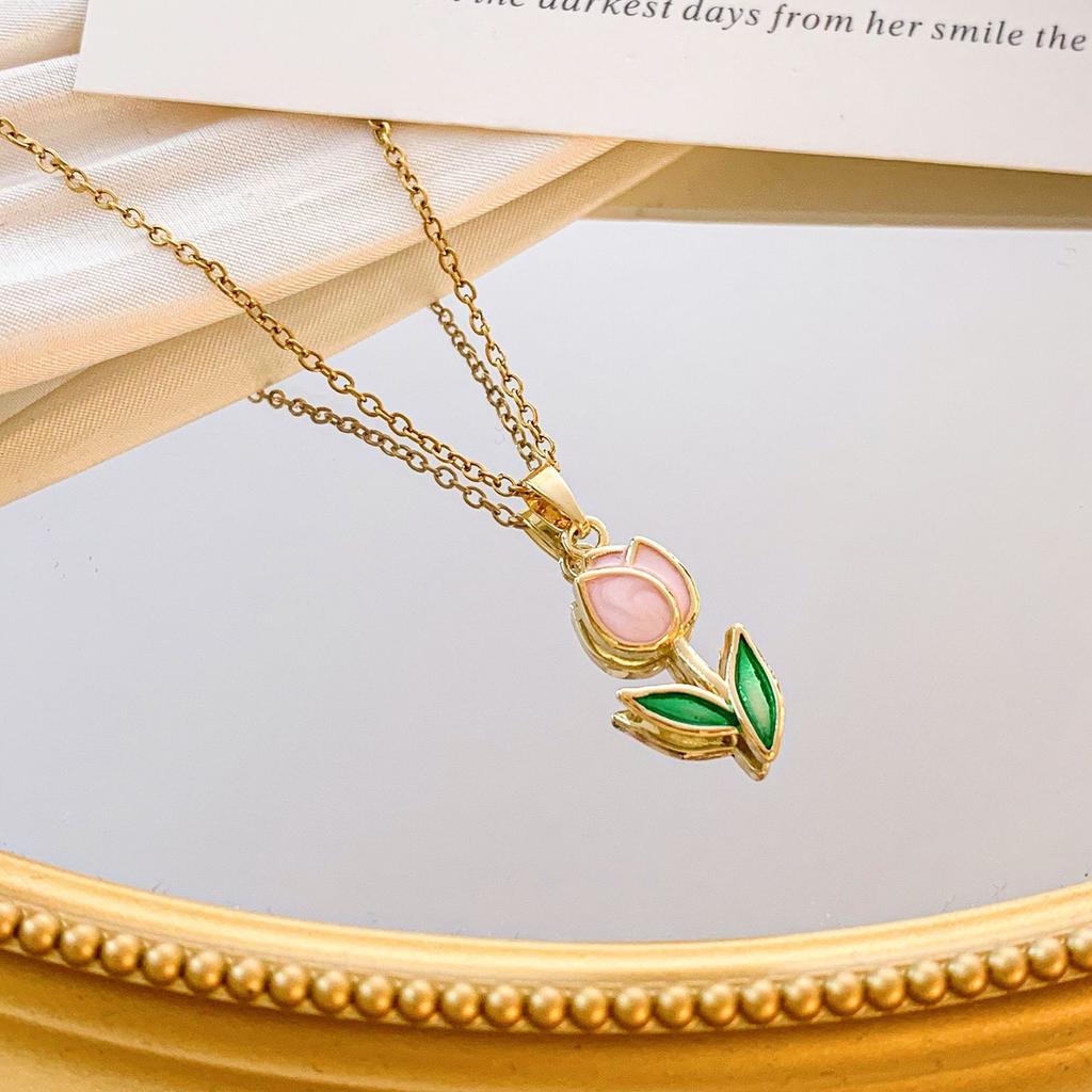 Dolce Colorato Smalto Fiore di Tulipano Ciondolo Collana per Donne Ragazze Colore Oro Acciaio Inossidabile Catena Gioiello Y2K Accessorio Regalo