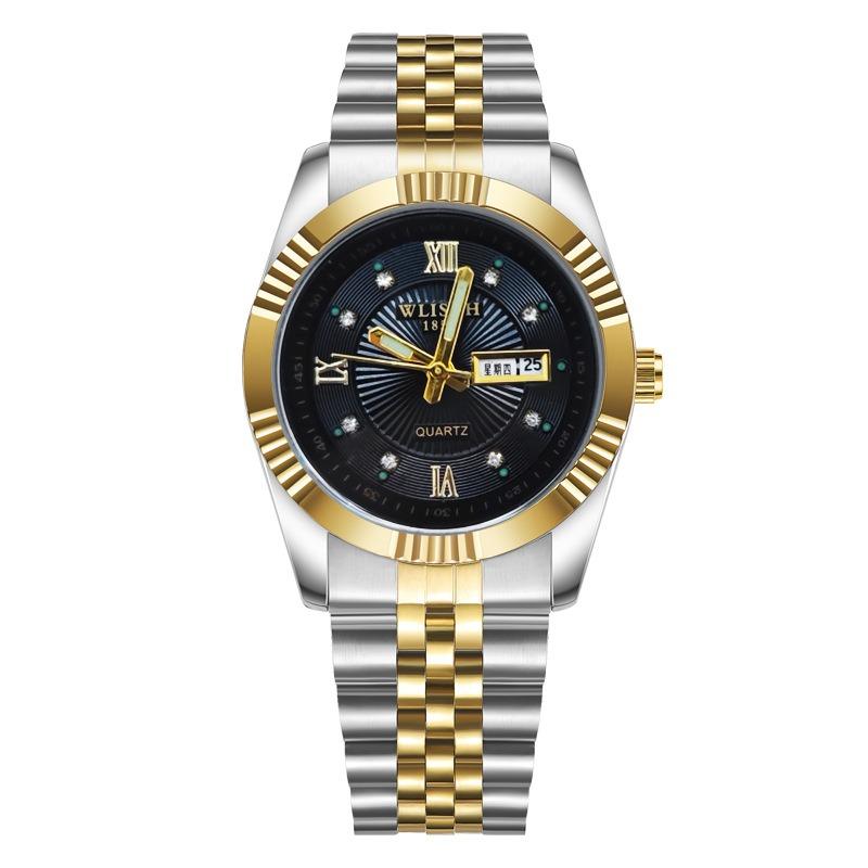 Top Brand Fashion Temperament Men's Watch Luminous Double Calendar Solid Steel Band Quartz Watch Couples Watch