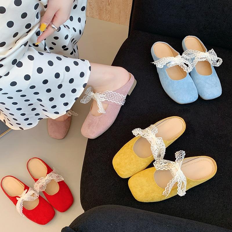 Beautiful bag head half slippers women's outer wear spring and summer new flat bottom lace bow Mary Jane sandals