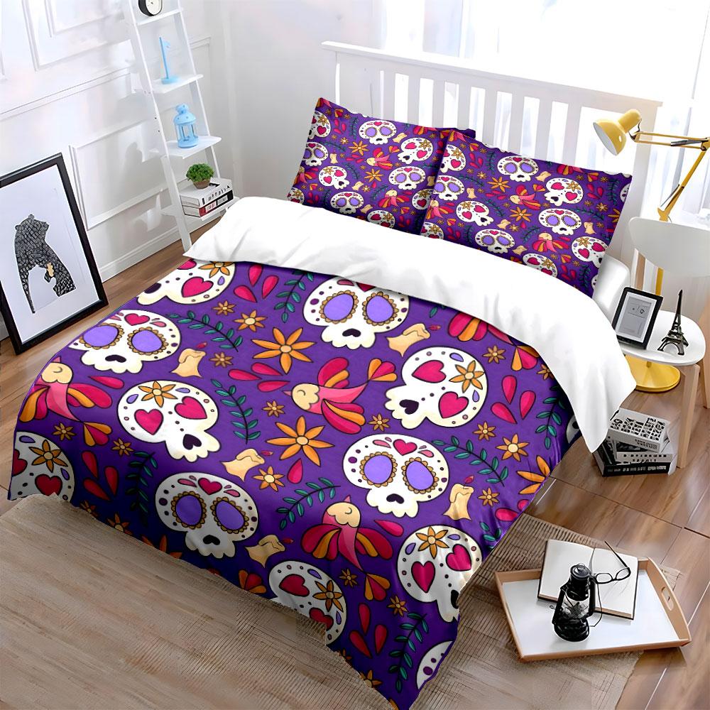 "Purple Skull Floral Bedding Set" Bedding Duvet Cover Set Duvet Cover Pillowcases (1 * Duvet Cover 2 * Pillowcases, Without Duvet Insert)