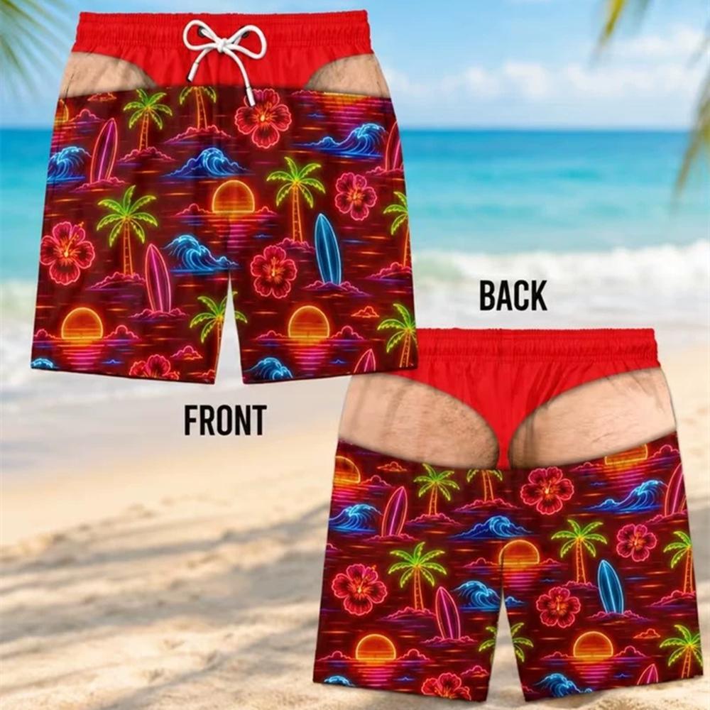 Men Funny 3D Illusion Swim Trunks, Neon Tropical Palm Surfboard Hibiscus Print Fake‑Skin Visual Quick‑Dry Drawstring Prank Beach Board Shorts