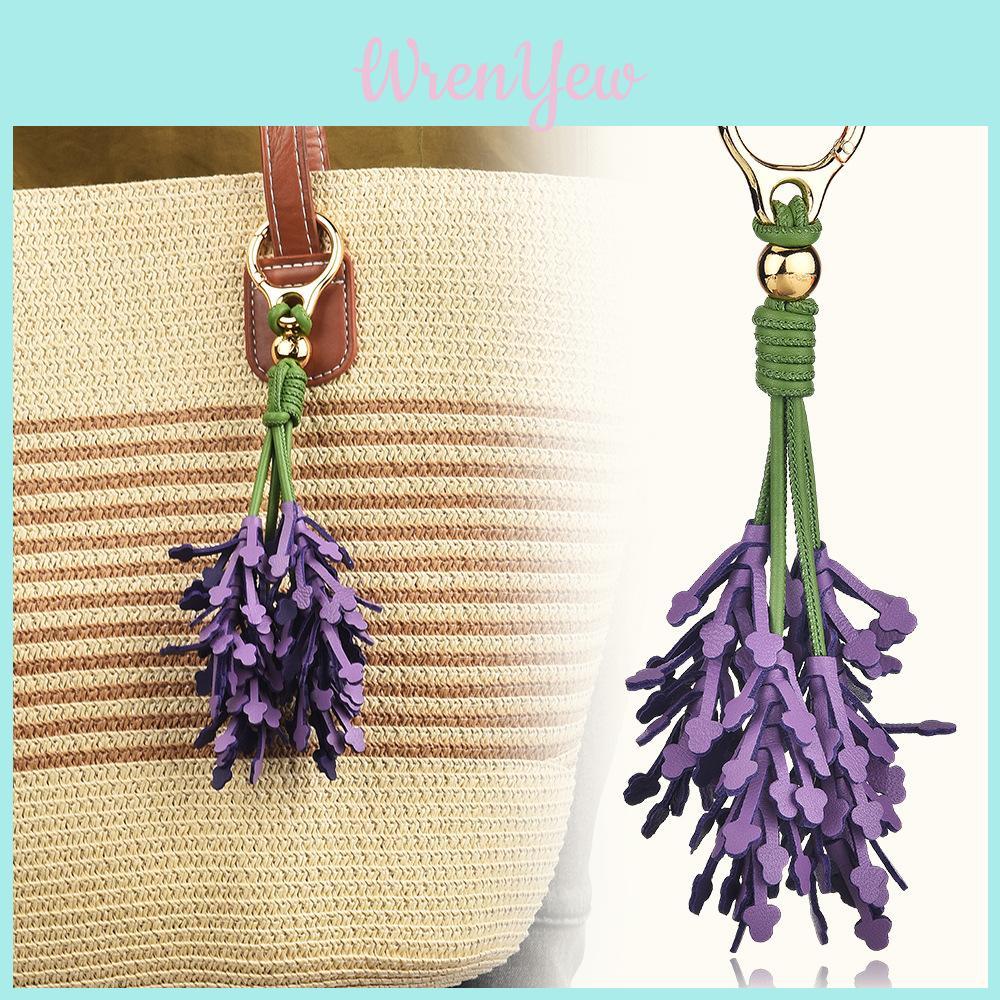Leather Bag Charm With Lavender Flowers Handcrafted For Winter Fashion Accessory