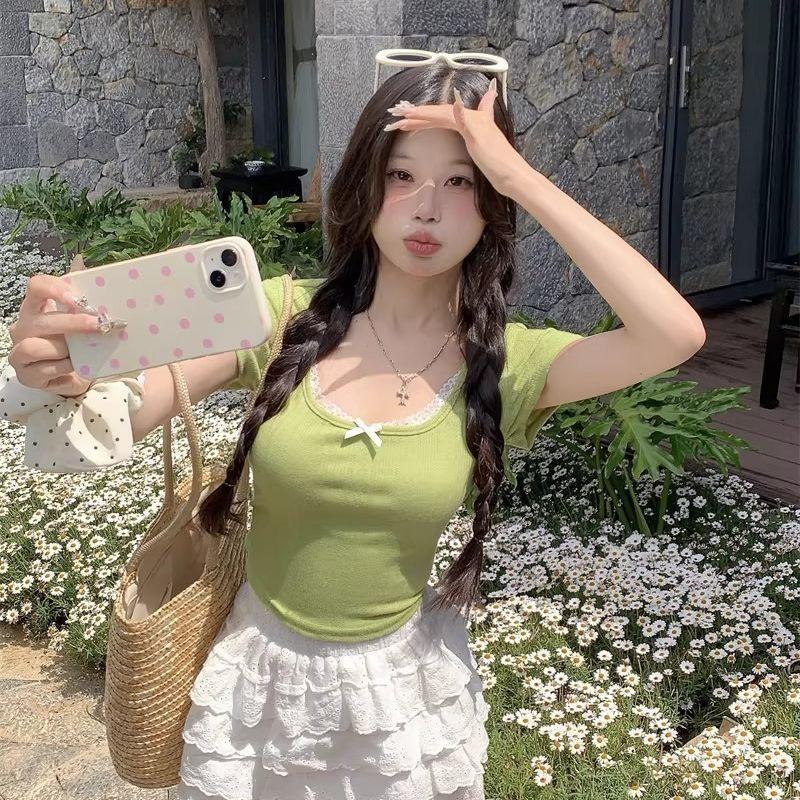 French Pure Lace Lace Short-sleeved T-shirt Women's Summer Bow Slim Waist Unique Chic Top